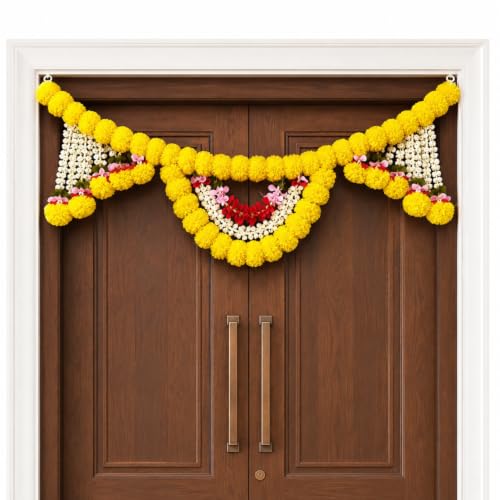 Image of Artificial Marigold Flower Toran for Main Door Entrance Traditional Bandarwal Door Hanging with Jasmine Strings for Diwali Pooja, Wedding & Housewarming Decoration 44 inch