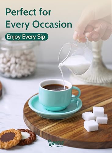 Image of Sweese 2.5 Ounce Porcelain Stackable Espresso Cups with Saucers and Metal Stand Set of 4, Turquoise