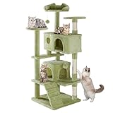 Sweetcrispy 54 Inch Cats Tree Tower, Multi-Level with Cat Scratching Post, Indoor Cat Condo with Climbing Ladder, Plush Toy, Play House for Cats, Green