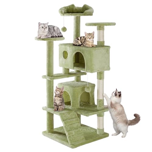 Sweetcrispy 54 Inch Cats Tree Tower Multi-Level with Scratching Post Indoor Cat Tree Condo with Climbing Ladder Plush Toy Play House for Kittens Green