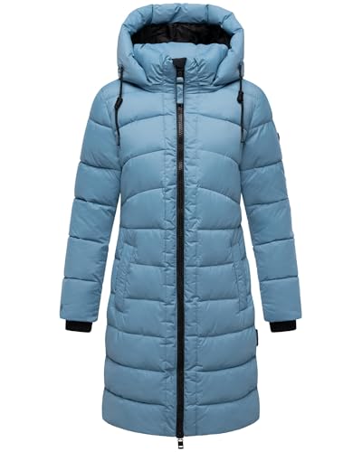 MARIKOO Damen Langer Wintermantel warmer Steppmantel mit abnehmbarer Kapuze Kaltnäschen 16 Powder Blue Gr. M