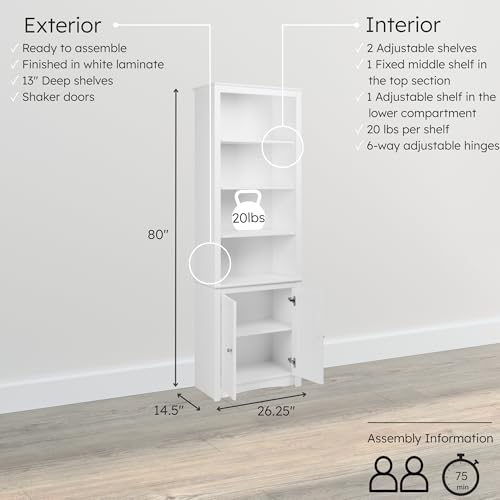 Image of Prepac Sonoma Tall 6-Tier Bookcase 80 inchH with Doors & 2 Adjustable Shelves, White Storage Cabinet, Modern Display Cabinet, Bookshelf with Storage Shelves for Home Office, Living Room, Bedroom