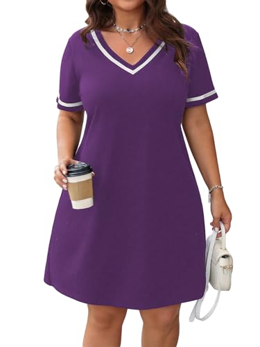 Image of Verdusa Women's Plus Size A Line T Shirt Dress Short Sleeve V Neck Tunic Dresses Casual Outfits