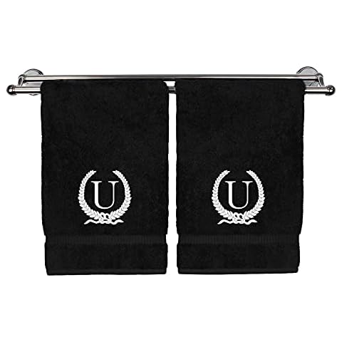 Monogrammed Hand Towel, Personalized Gift, 16 x 30 Inches - White Letter Embroidered with Wreath Design on Black Towel - Extra Absorbent - 100% Turkish Cotton - Soft Terry Finish - Initial U Cover
