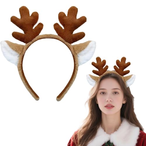 Rentier Haarreif, Reh Geweih Haarreif Reh Ohren Haarreifen Braun Plush Hirschgeweih Elchgeweih Ohren Haarreifen Haarschmuck Kopfbedeckung Weihnachten Reh Kostüm Accessorie Zubehör für Erwachsene Damen