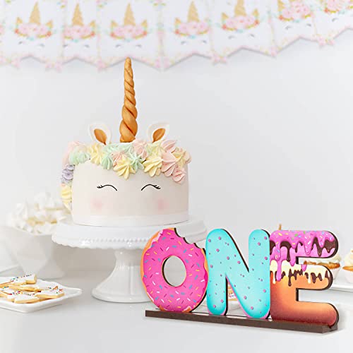 Haooryx Donut One Letter Sign Wooden Centerpiece Sweet One Doughnut Theme 1St Birthday Party Decoration Baby Girls First B-Day Baby Shower Table Topper Ornament Photo Props For One Year Old Kids #TOP5