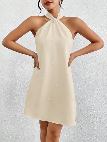 Image of Floerns Women's Pearl Beaded Halter Twist Sleeveless Tie Back Dress A Line Dress