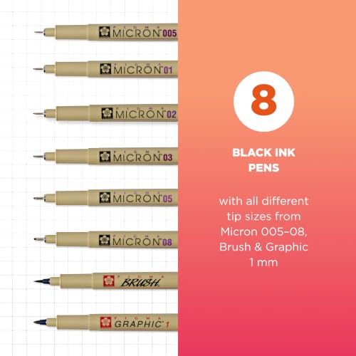 Image of SAKURA Pigma Micron Fineliner Pens, Black, Assorted Points, 8 Pack | Archival Black Ink Pens for Writing, Illustration & Journaling, Great for Artists, Crafters & DIY Gift Projects