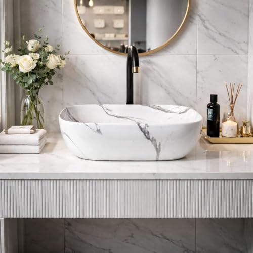 Image of Ceramic Tabletop Wash Basin - Glossy Rectangular Countertop Vessel Sink with Marble Finish for Bathroom & Vanity | Compact 18 x 13 x 5 Inch | Elegant Washbasin