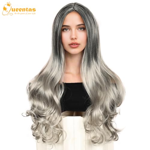 QUEENTAS 24 Inch Grey Hair Wig for Women Full Head Long Wavy Curly Synthetic Wigs for Cosplay Diwali