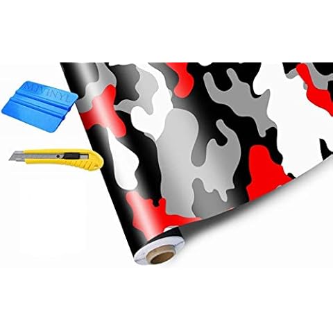 MJVINYL Camo Camouflage Vinyl Film Wrap Decal Air Bubble Free RED Black White Gray + Free Tool Kit (12" x 60" / 1FT x 5FT) Cover