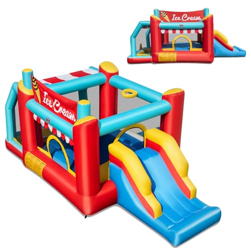 HOMFME Chateau Gonflable Géant pour Enfants 5 en 1, Thème de Glace, Aire de Jeux d’Extérieur avec Toboggan, Panier Basket, Idéal pour Enfants 3+ Ans, 475 x 219 x 198 CM ([sans souffleur],Glace)