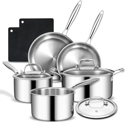 3 Ply Stainless Steel Cookware Set, AIVIKI 10-Pieces Pots and Pans Set, Induction Kitchen Cookware Set, Oven Safe to 500℉, Chef Quality Cooking Set w/Fry Pans, Saucepans, Dutch Oven, Kitchen Essential