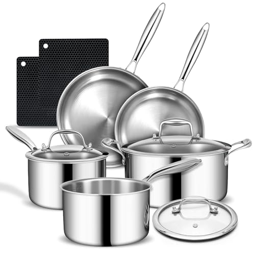 3 Ply Stainless Steel Cookware Set, AIVIKI 10-Pieces Pots and Pans Set, Induction Kitchen Cookware Set, Oven Safe to 500℉, Chef Quality Cooking Set w/Fry Pans, Saucepans, Dutch Oven, Kitchen Essential