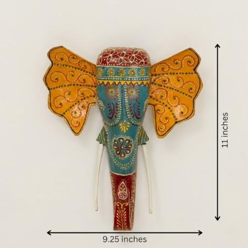 Image of ATRANGI STUDIO Handpainted Wooden Elephant Wall Decor | Ethnic Wooden Wall Art | Symbol of Strength & Wisdom | Wall Hanging for Home, Corridor & Balcony | Ready to Hang | 11 Inch, Turquoise