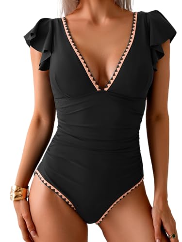 Image of Aidonger Women's One Piece Ruffle Swimsuit Tummy Control Bathing Suit V Neck Shell Stitched Swim Suit Slimming Swimwear