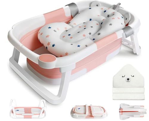 BEFOL Collapsible Baby Bathtub for Newborns, Portable Infant Bathtub with Soft Bath Cushion Support for 0-24 Months, Toddler Bath Tub with Stand Indoor Travel (Pink)