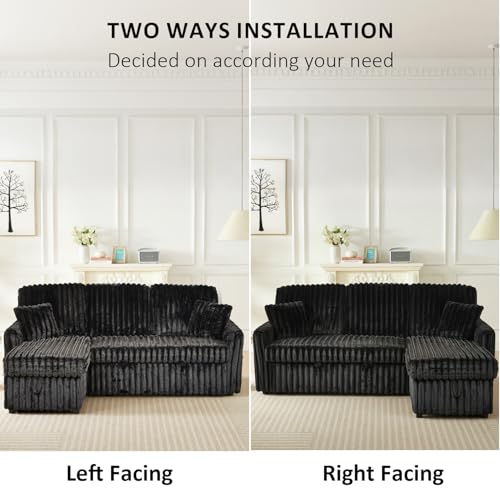 Image of KCGKCG 81 inch Sleeper Sofa Bed with Storage Chaise & USB Charging, Plush Corduroy L-Shaped Pull Out Couch Bed, Sectional Couches for Living Room with Cup Holder, Side Pocket(Black)
