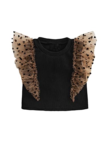 Wdirara Toddler Girl's Heart Print Mesh Ruffle Trim Ribbed Knit Sleeveless Casual Tank Top Black 6Y #TOP5