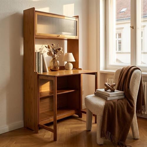 Image of Folding Desk with Storage, Bamboo Foldable Computer Desk for Small Spaces, Small Writing Desk with Shelves for Bedroom Dorm Home Office