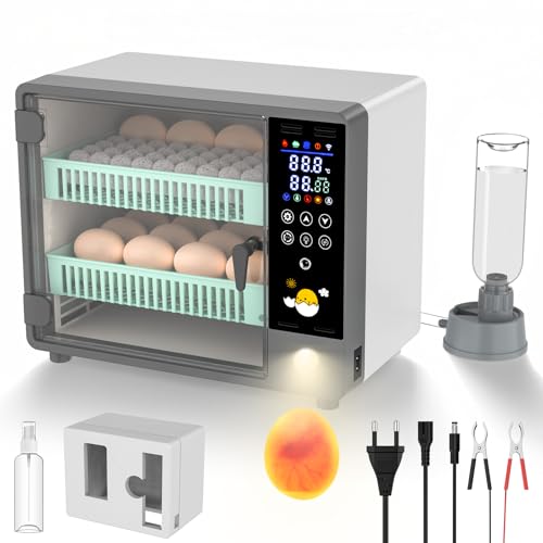 Incubadora Huevos Gallina, Incubadora de 24 Huevos con Volteo Automático de Huevos y Humidificación por Atomización Ultrasónica, Fuente de Alimentación Dual, Pantalla Táctil a Color, Lámpara de Huevo
