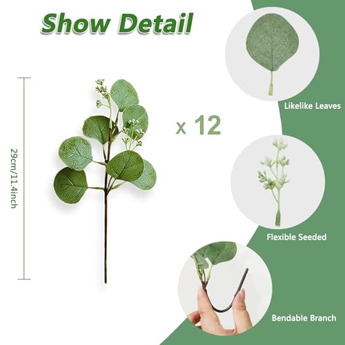 Artificial Eucalyptus Seeded Stem 12Pc Faux Greenery Leaves Branches 11.4” Silver Dollar Eucalyptus Plant Bulk for Wedding, Garden, Home, Office, Indoor Outdoor Decoration