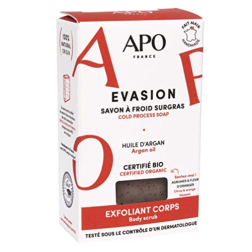APO France - Savon Surgras - Exfoliant - Evasion - Corps - Tous Types de Peaux - Parfum Agrumes et Fleur d’Oranger - Huile d’Argan Bio - 100% Naturel - Certifié Bio - Vegan - Made in France - 100g Cover
