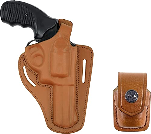 Koltster 357 Magnum Holster, 2 Slot Pancake Owb Leather Gun Holster Thumb Break Handmade! (Brown - Single Magazine Pouch) #TOP4