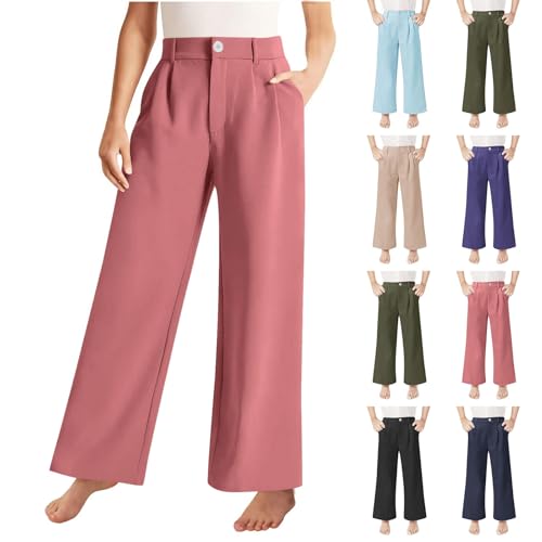 Girls School Uniform Long Pants Preppy Buttons High Waist Baggy Wide Leg Trousers Teen Formal Casual Dress (Black, 150)