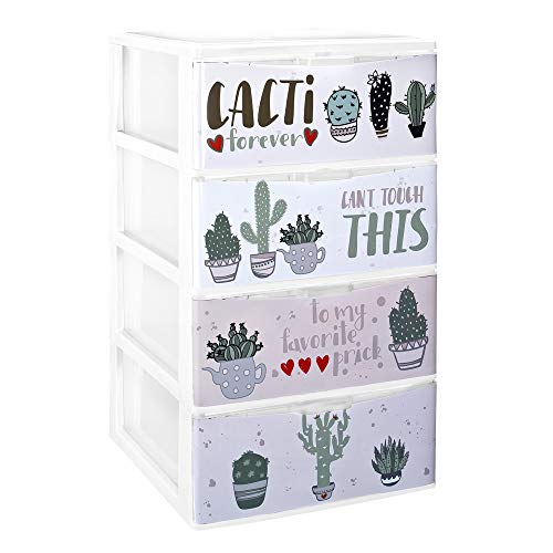 Cajonera Plástico 4 Cajones Cactus - Organizador Almacenamiento Ropa Dormitorio Escritorio - 37x38x62.8cm - Montaje Fácil - COM-FORT HOUSE