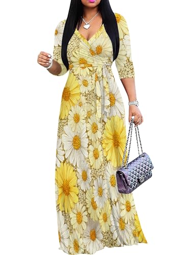 Image of Plus Size Dresses for Women Floral Print Maxi Dress Flowy 3 /4 Sleeve with Belt