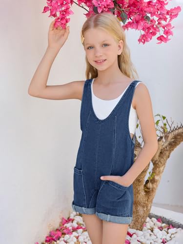 Image of Haloumoning Girls Denim Overall Shorts Kids Summer Adjustable Straps Jumpsuits Jeans Shortalls 5-14 Years