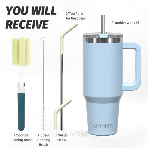 Image of 40 oz Tumbler with Handle,Tumbler with Lid and Straw,Double Wall Insulated Cup Stainless Steel Travel Mug(Cold for 34 Hours),Water Bottle for Iced Tea,Coffee,Cold Beverages(Blue)