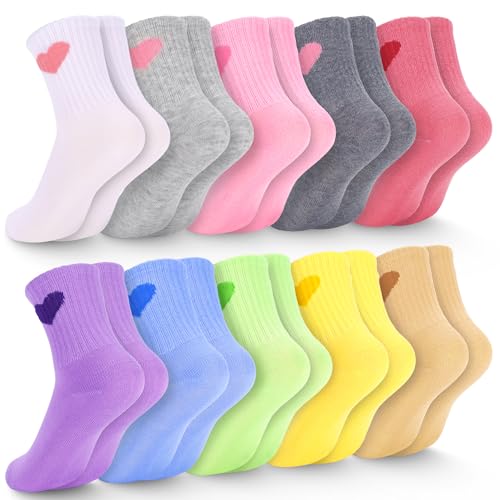 Ultrafun 10 Pairs Kids Girls Socks Cotton Crew Athletic Socks with Hearts Casual Dress Sock for Girls 9-12 Years Old