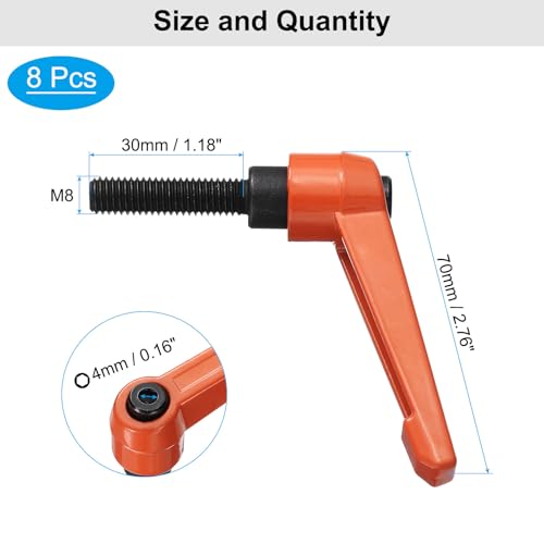 Image of uxcell 8pcs Lever Adjustable Handles M8 x 30mm Metric Male Thread, Level Clamping Handle Hand Stud Knobs Rotating Screw Handles Bolts with Locking Lever, Orange
