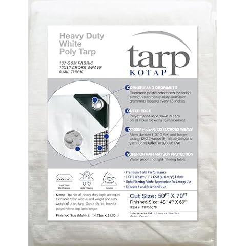 Kotap 50 x 70 Ft. Heavy-Duty Protection/Coverage Tarp, Superior Weave for Greater Longevity 8-mil, Multi-Use, Waterproof, White, 1-Pack (TRW-5070) Cover