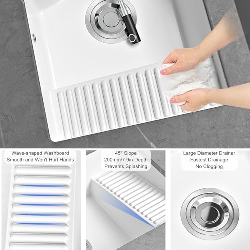 Undermount Rectangular Ceramic Bathroom Sink with Washboard, Faucet & Overflow - Easy to Clean Vanity Laundry Sink for Balcony & Bathroom (70.5x48x23cm/27.8x18.9x9in)