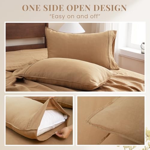 S VICTORY SYMBOL 100% Organic Linen Sheets Set Queen Size 4 Pieces,Stone Washed European Flax Linen Bed Sheets(1 Flat Sheet,1 Fitted Sheet,2 Pillowcases) Boho Bedding-Sandy Beige - Thumbnail 5