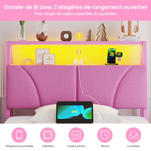 Lit 90x190 Fille Rose avec LED & USB Brinlawb