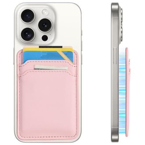 Zemexy MagSafe Compatible Phone Case Wallet, Slim Pink Faux Leather Magnetic Card Holder for iPhone 12/13/14/15 Series, 5 Card Slots, RFID Blocking