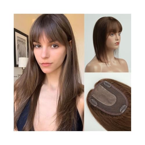 Postizo de cabello humano de 35 cm con flequillo, color marrón, for mujer, base de seda de 10 x 14 cm Wiglets