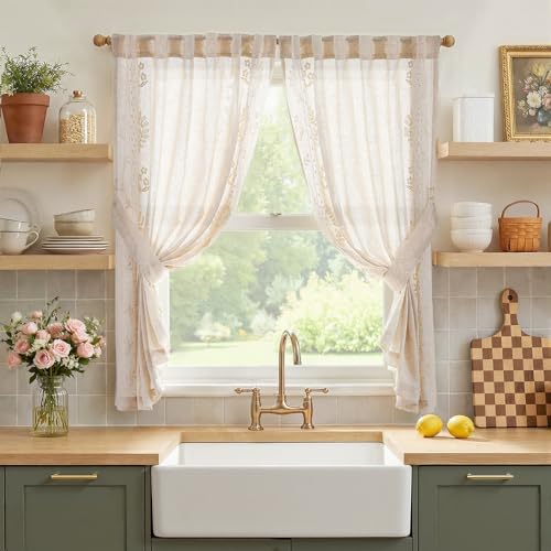 Image of jinchan Ivory Floral Linen Kitchen Tier Curtains 50x54 Inch 2 Panels