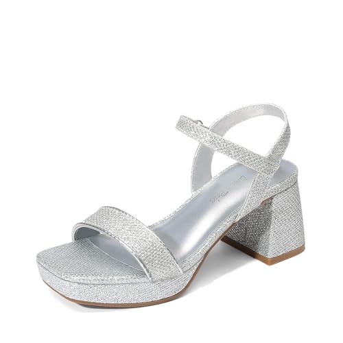 DREAM PAIRS Girls Sandals Open Toe Low Block Chunky Heels Sandals Party Dress Pumps Shoes for Little Big Kid,Size 4 Big Kid,Silver-Glitter,SDHS25033K-V1
