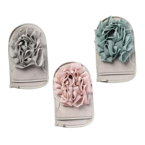 TEHAUX Guante Exfoliante Ducha de 3 Piezas Doble Cara Material de Viscosa Esponja y PE Colores Gris Azul Café Claro y Marrón Claro para Cuidado Corporal y Limpieza Eficaz