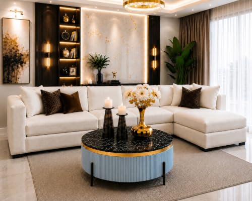 Image of WOODEN SPACE Premium Luxury Nazaara Marble-Top Coffee Table with Iron Legs & PVD Coating | Modern Round Wooden Center Table for Living Room & Entryway (Sky Blue, 30 Inch)