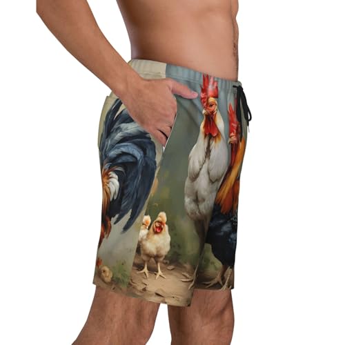 Cute Rooster Chickens Print Men's Beach Pants Lightweight Quick-Dry Swim Pants with Mesh Lining for Men3