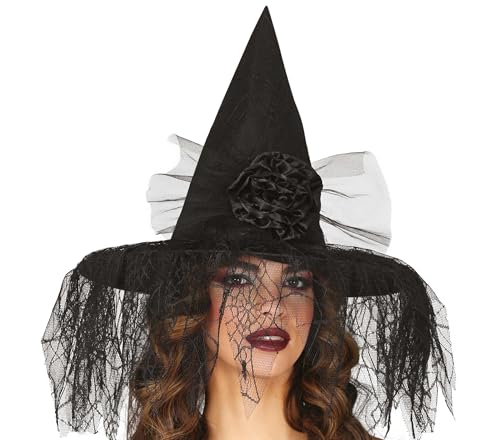 FIESTAS GUIRCA | Sombrero de Bruja con Flor (Talla Única) - Accesorio para Disfraz de Bruja para Halloween y Fiestas de Disfraces - Ideal para Mujer - Negro