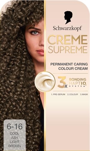 Schwarzkopf Creme Supreme 6-16 Cool Ash Light Brown Permanent Hair Dye Caring Hair Dye Colouration with 3-Step Bonding System Against Damage 100% Grey Coverage