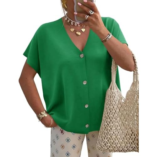 LOMON Oversided Cardigan Sweaters for Women Short Cap Sleeve V-Neck Casual Button Lightweight Knitted Trendy Sweater S-XL Green Medium