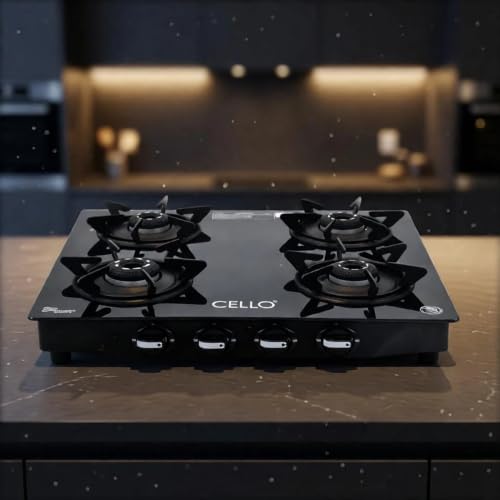 Image of Cello Dezire Plus 4 Burner Gas Stove | 6mm Toughened Glass | Manual Ignition | ISI Certified | Rapid Alloy Burnes | 1 Year Warranty | Hexa Pan Supports